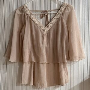 Bar III Beige Layered Blouse with Lace Trim